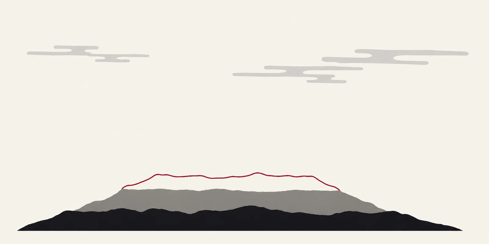 A wide mountain of stacked strata; the newest top layer is drawn only as a crimson contour line.