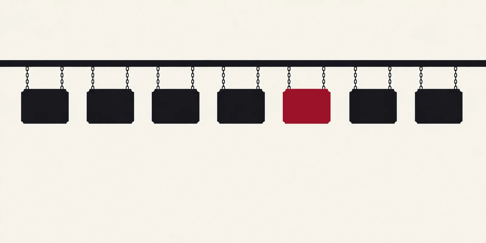 Seven identical hanging shop signboards in a row; the one just right of center is solid crimson.