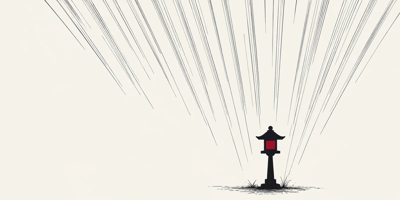 Stylized woodblock rain lines falling toward a single standing lantern, its panel lit in crimson.
